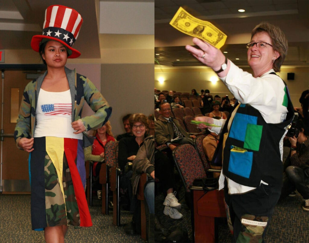 Figure 6 (left). MILITARIZED FEDERAL BUDGET
From "Fashioning Resistance to Militarism," one of a number of fashion shows in San Francisco, Hawai’i, and Guåhan. Here a network member models at the “No Bases Conference,” Washington, DC, 2009. A three-piece outfit, where camo represents US military money, the corporate flag indicates profits made by Pentagon contractors, and Uncle Sam’s hat hides more money financing wars.
Model: Ellen-Rae Cachola. 
Outfit: Christine Ahn and Sarah Shanley. 
Photo: Ariceli Curiel.

Figure 7 (right). PEOPLE’S BUDGET
From "Fashioning Resistance to Militarism," one of a number of fashion shows in San Francisco, Hawai’i, and Guåhan. Here a network member models at the “No Bases Conference,” Washington, DC, 2009. This three-piece outfit with many pockets has money for college, health care, renewable energy, good public transit, affordable homes, social security, retraining, environmental clean-up, care for everyone who needs care, and still more.
Model: Sandra Schwartz. 
Outfit: Gwyn Kirk. 
Photo Ariceli Curiel.